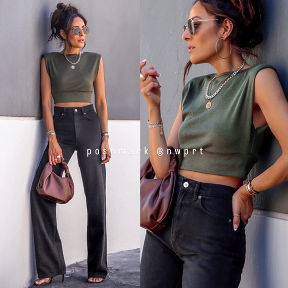 THE DROP @LucysWhims Rifle Green Crop Top Tee Padded Shoulder XS Amazon - Picture 10 of 10